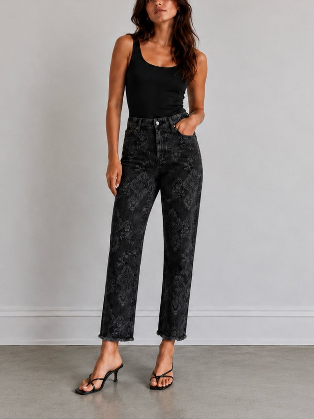 Chico’s black paisley print slim leg jeans